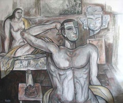 Nude Painting, Mixed Media on canvas, White, Black, Pink, Browncolors "In Stock"