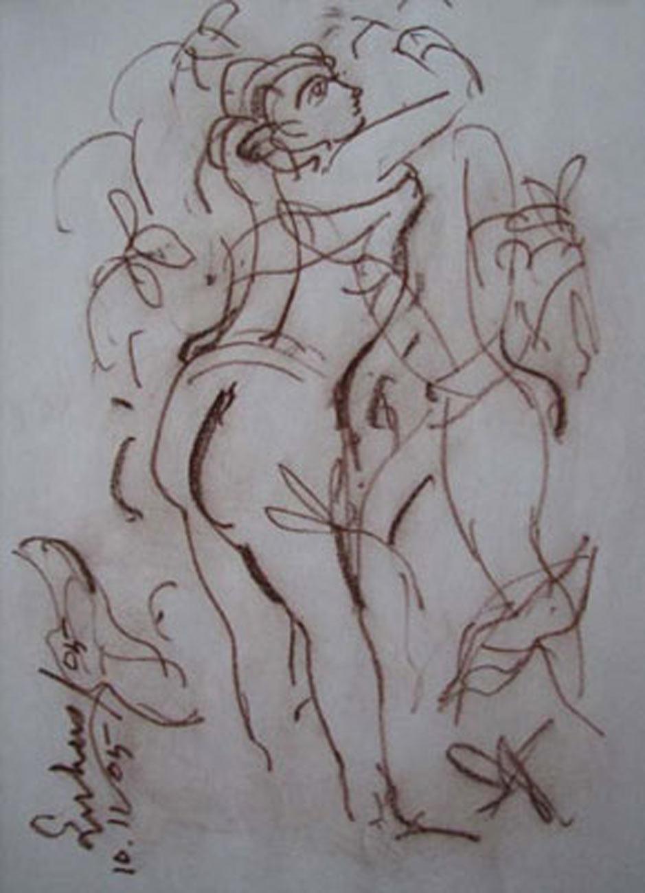 Suhas Roy Figurative Art - Mistress of the moon, Conte on paper, Brown by Modern Indian Artist "In Stock"