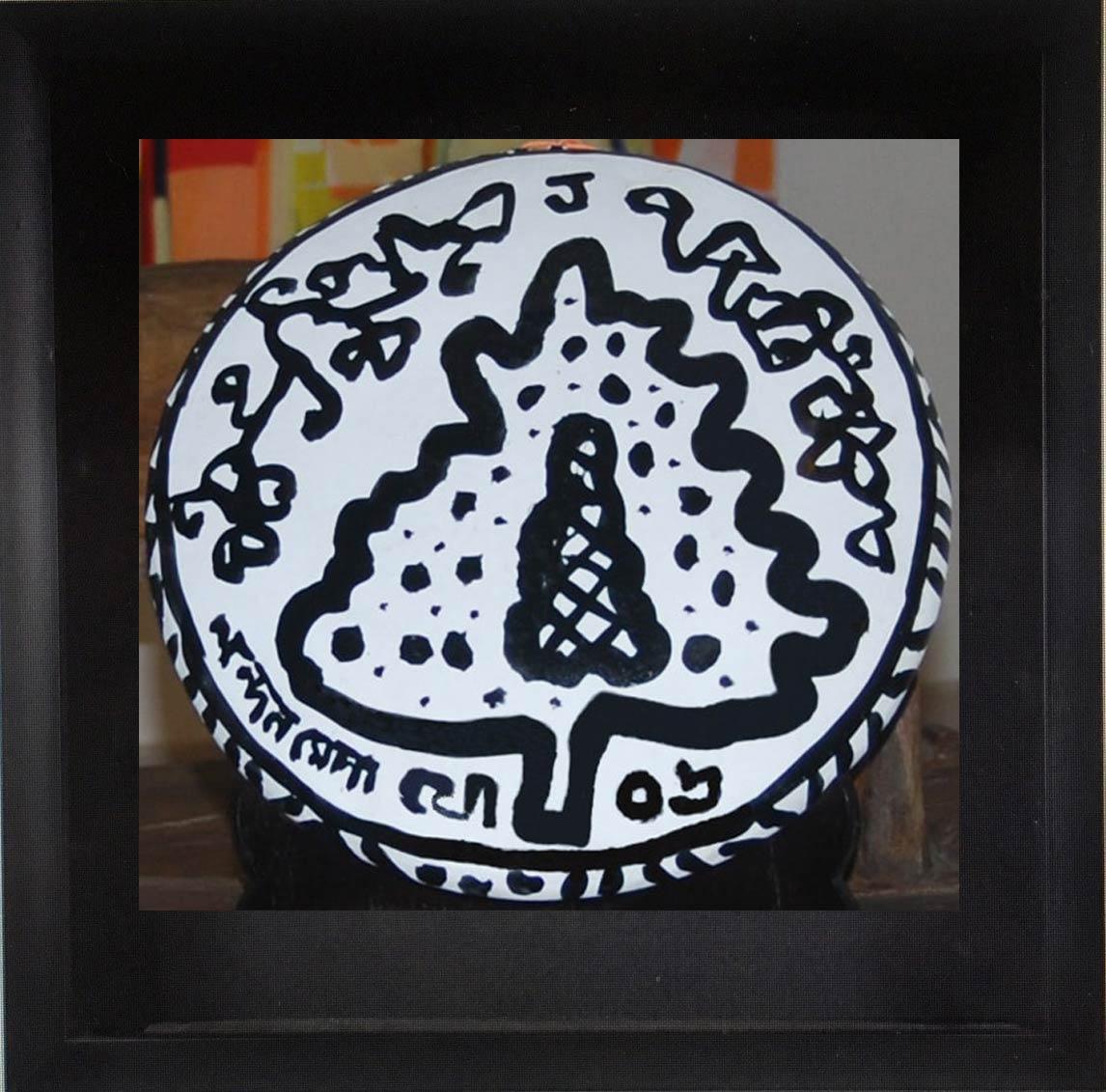 Jogen Chowdhury  Interior Painting - Shora, Teracotta, Round shaped, Black & White by Modern Indian Artist "In Stock"