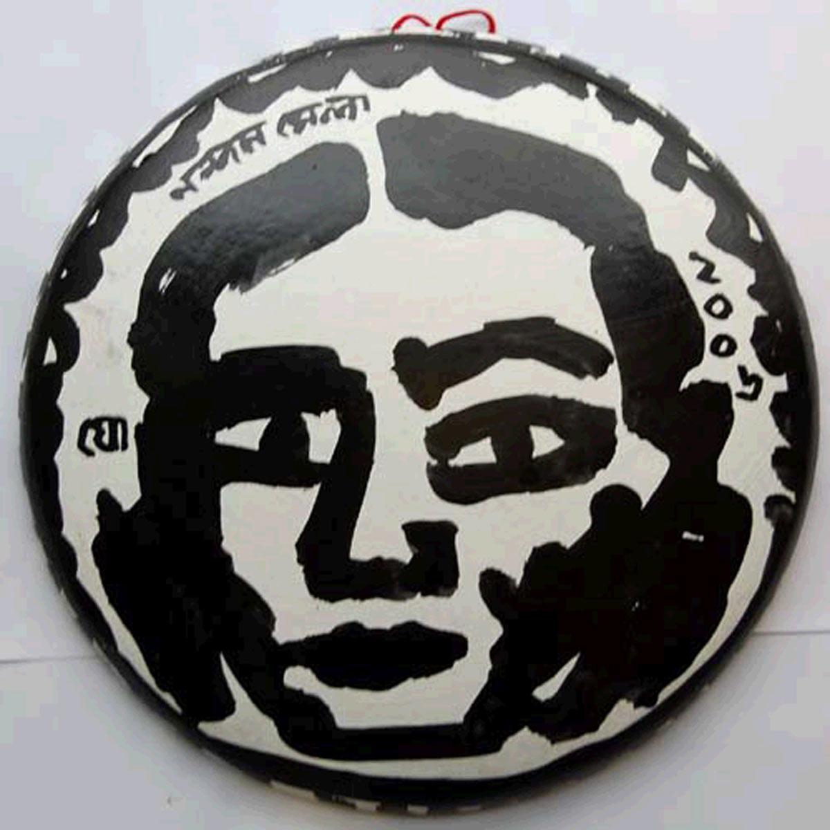 Jogen Chowdhury  Figurative Painting - Shora, Face, Round, Teracotta, Drawing, Black & White by Indian Artist"In Stock"