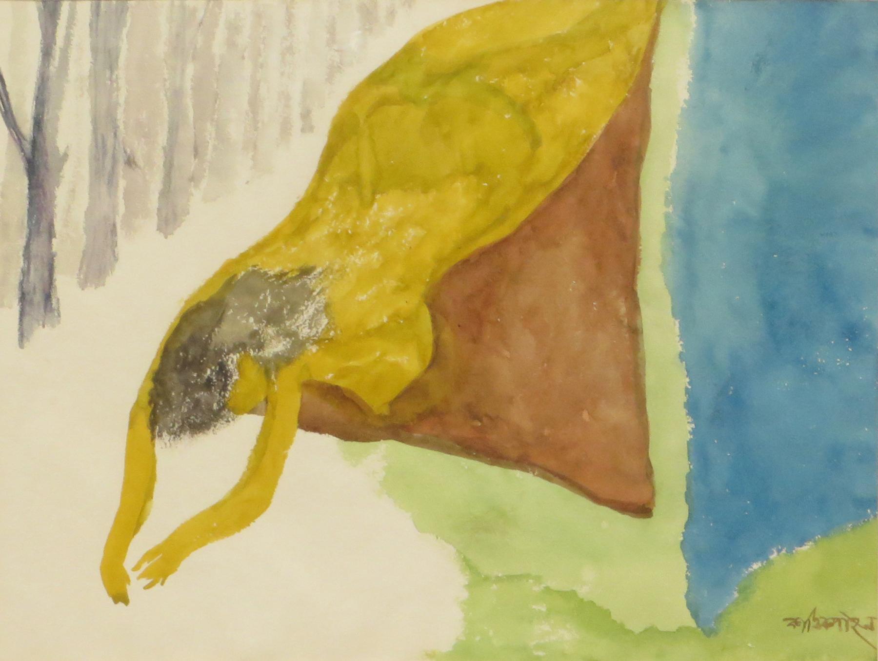 Nude Frau, liegend, Wasserfarbe auf Reispapier, Grün, Gelb, Blau „“Auf Lager““ – Painting von Kartick Chandra Pyne