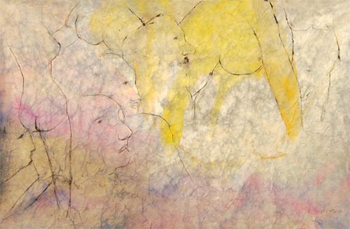 Nudefarbenes Gemälde, Aquarell auf Reispapier, Gelb, Rot von indischem Künstler, „Auf Lager“