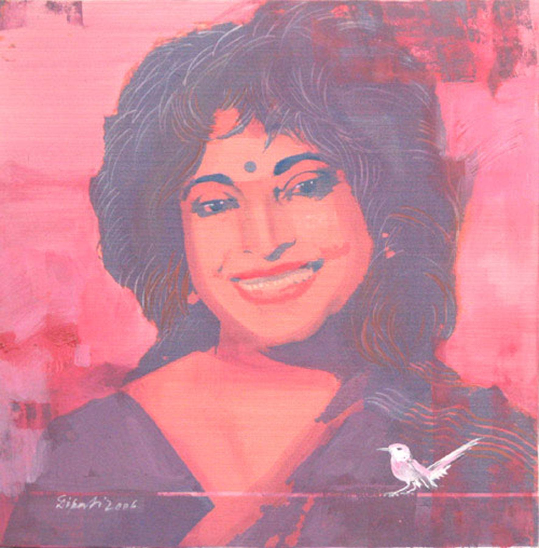 Abstraktes Porträt, Gemälde in Mischtechnik, indischer Künstler, rot, rosa, schwarz, weiß, auf Lager