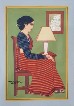 Women sitting on a chair, Tempera on Board,  Red, Brown, Green, Black "In Stock"