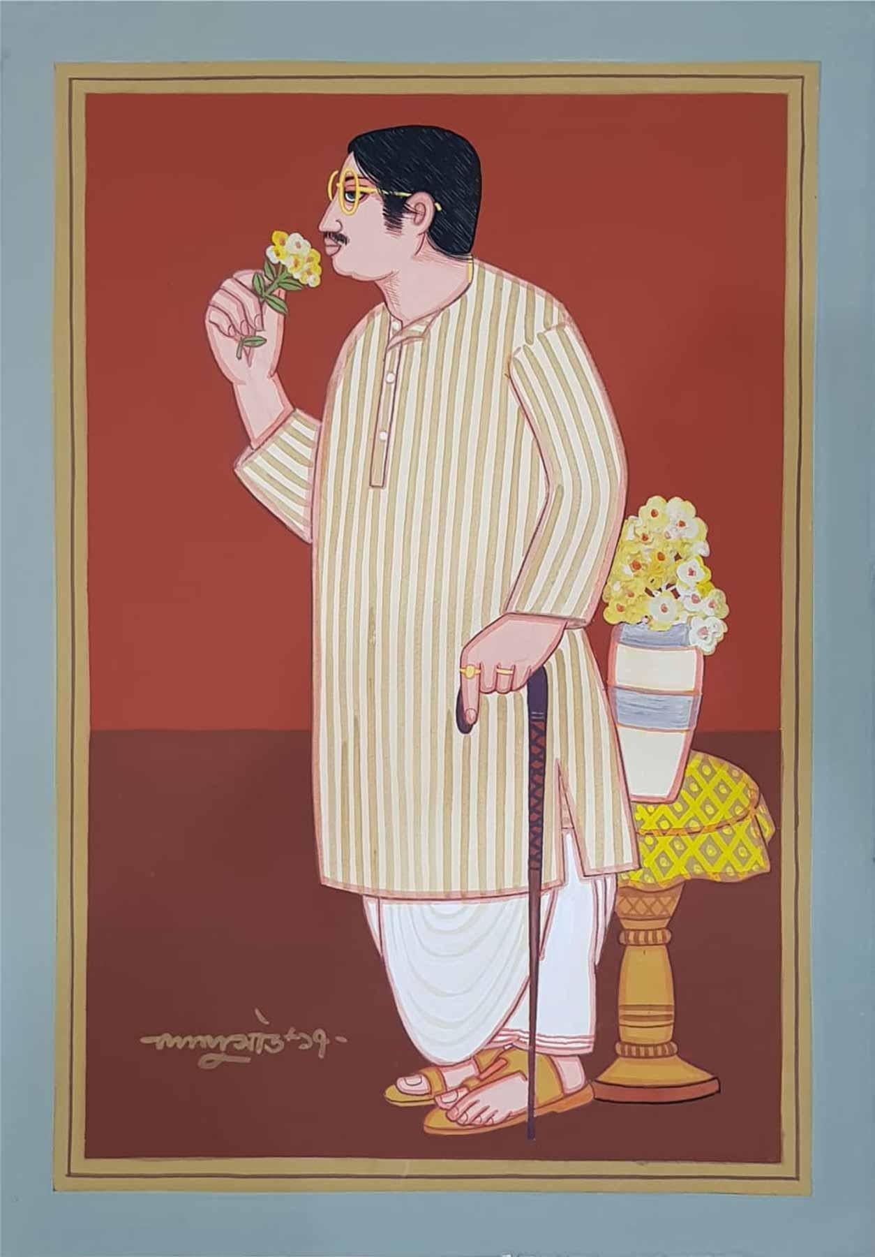 Lalu Prasad Shaw Figurative Painting - Bengali Babu, Old Bengal, Tempera on Board,  Red, Brown, Yellow, White "In Stock"