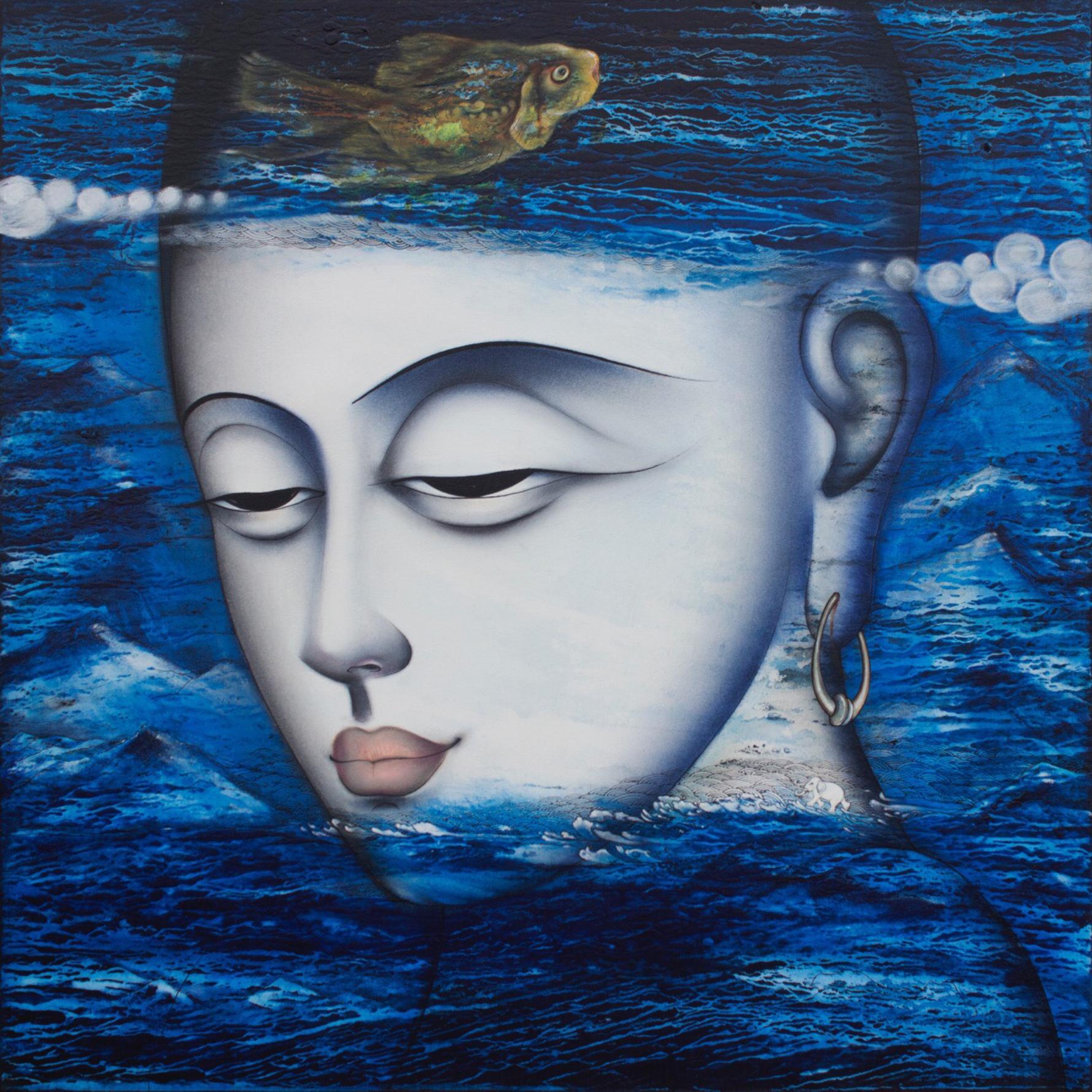 Apaam nidhi, peinture technique mixte, bleue, blanche, verte de l'artiste indien « en stock » - Mixed Media Art de Dharmendra Rathore