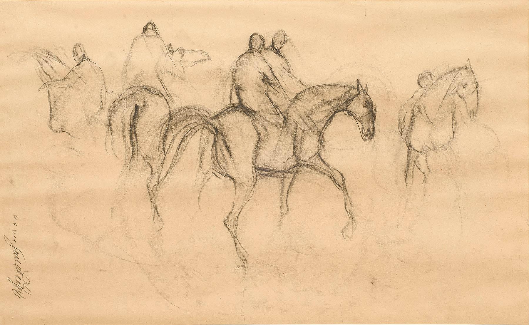 Early Horses X, Charcoal Drawing, Brown, Black by Padmashree Sunil Das"In Stock"