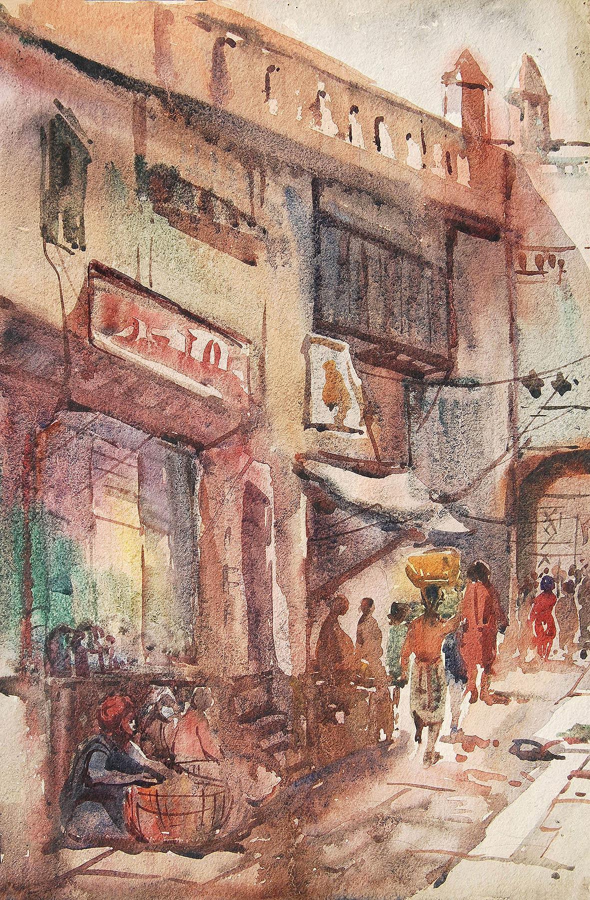 Benaras, Holy City, Watercolor Painting, Red, Brown, Blue by Sunil Das"In Stock"