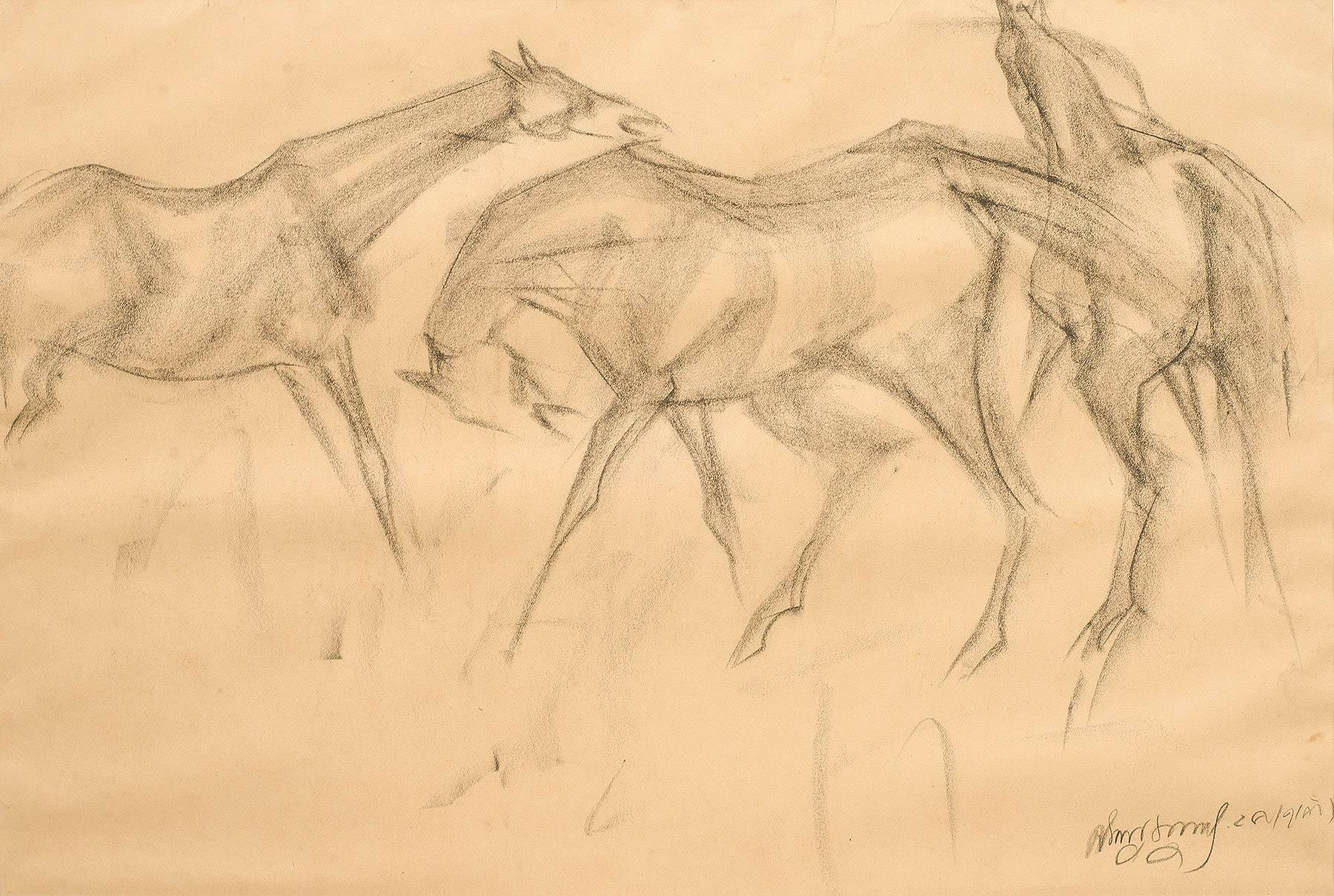 Frhe Pferde VI, Holzkohle-Zeichnung, braun, schwarz, vom indischen Knstler In Stock