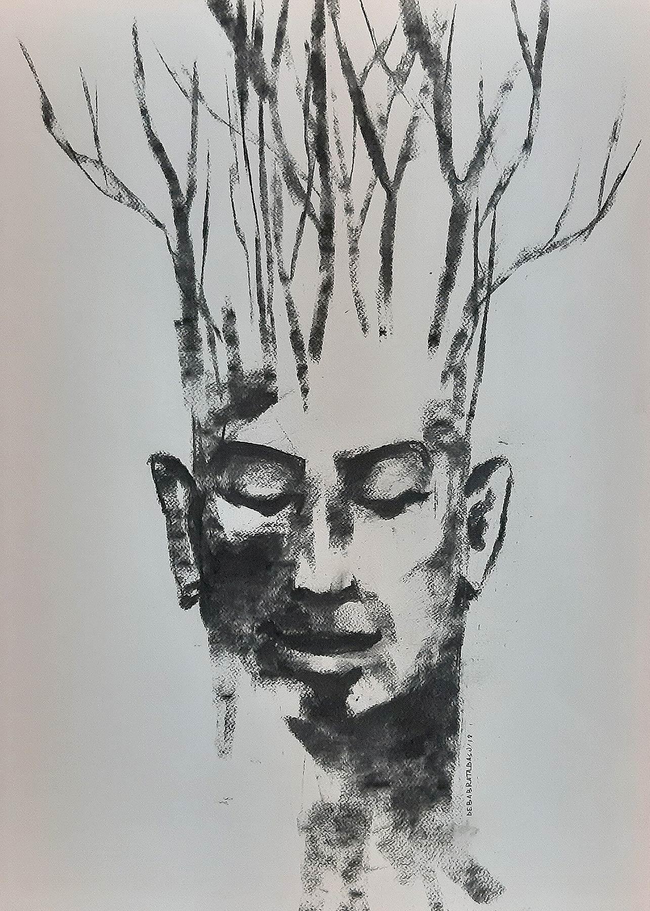 Debabrata Basu Figurative Art - Being one with Nature II, Man in His Environment, Charcoal Drawing 'In Stock'