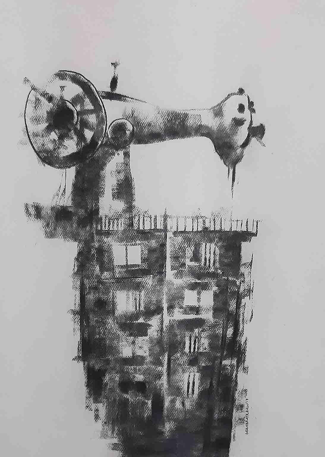 Survival I, Sewing Machine, Charcoal on Fabriano Paper, Black, White "In Stock"