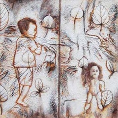 Boy & Girl, Ciril, Acryl, hochwertiger Baumwollfaser auf Leinwand, Braun, „Auf Lager“