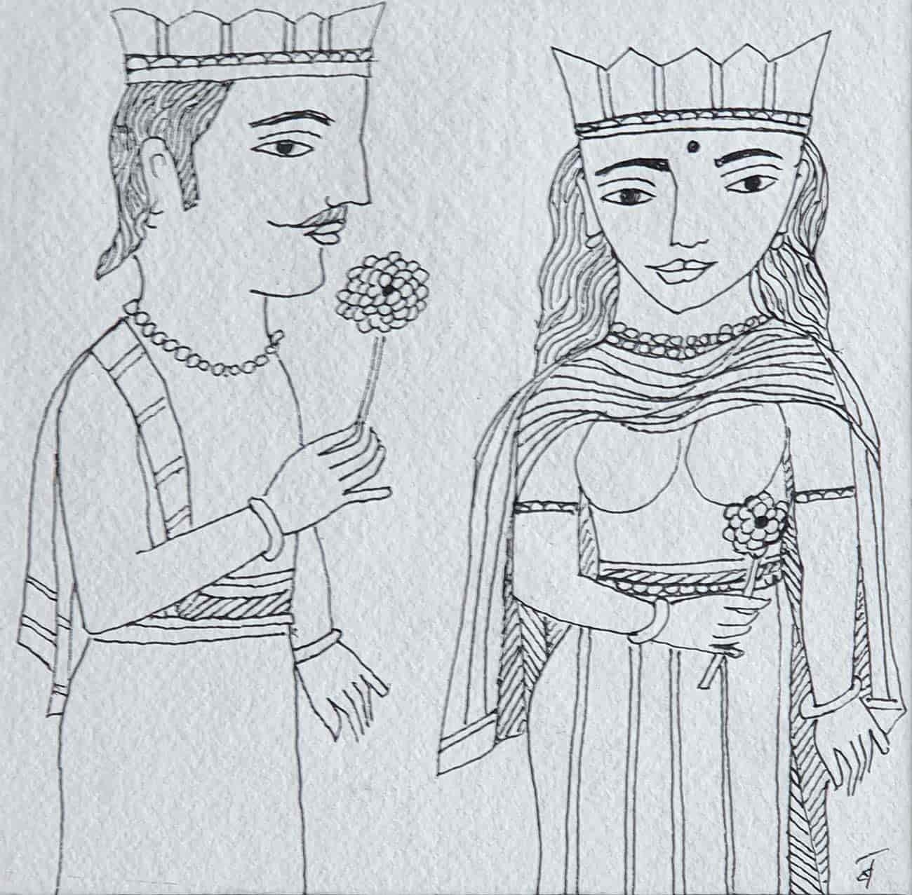 Badri Narayan Figurative Art - 50th Wedding Anniversary, King & Queen, Ink on paper by Indian Artist "In Stock"