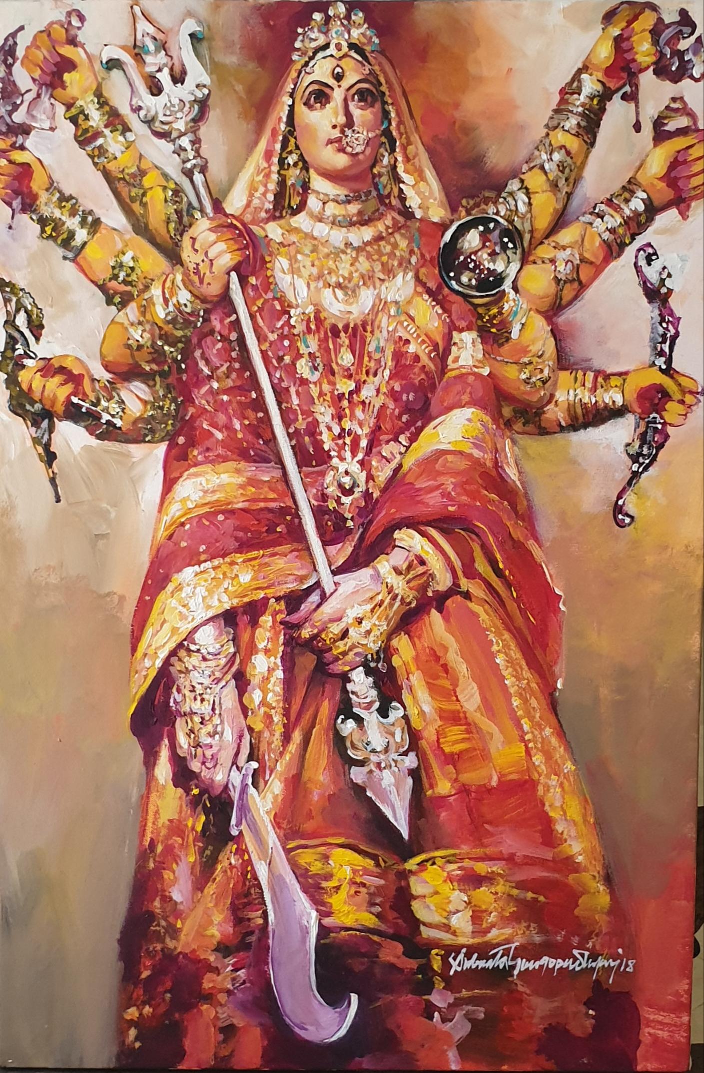 Durga, Ikon, Acrylic on Canvas, Red, Yellow Color by Indian Artist 