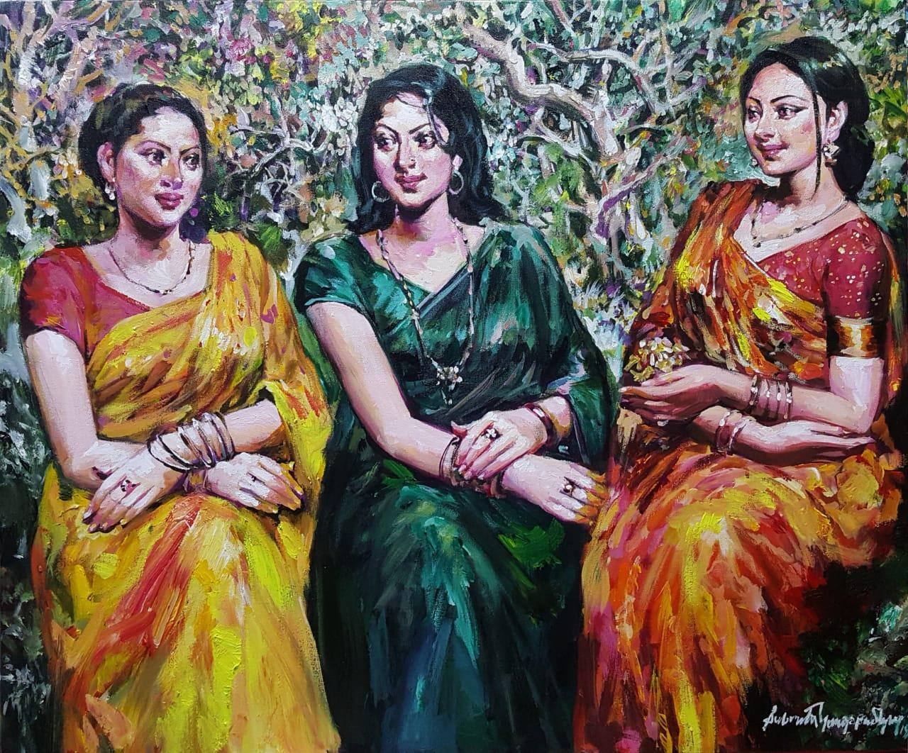 Subrata Gangopadhayay Figurative Painting – Gossip von drei Frauen im Garten, Acryl auf Leinwand, Grün, Rot, Gelb", auf Lager""