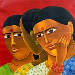 Telengana Women, Gossip, Acrylic on Canvas, Red, Brown, Blue, Green "In Stock"