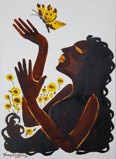 Used Lady playing with Yellow Butterfly, Watercolour & Ink on Paper, Brown "In Stock"