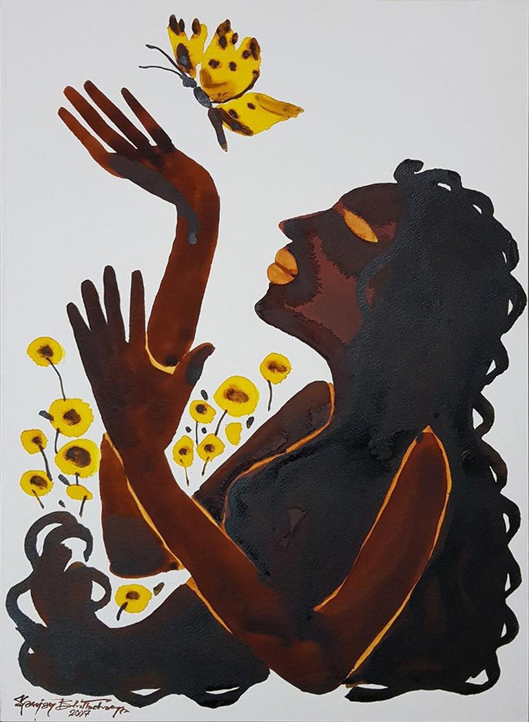 Sanjay Bhattacharya Figurative Painting - Lady playing with Yellow Butterfly, Watercolour & Ink on Paper, Brown "In Stock"