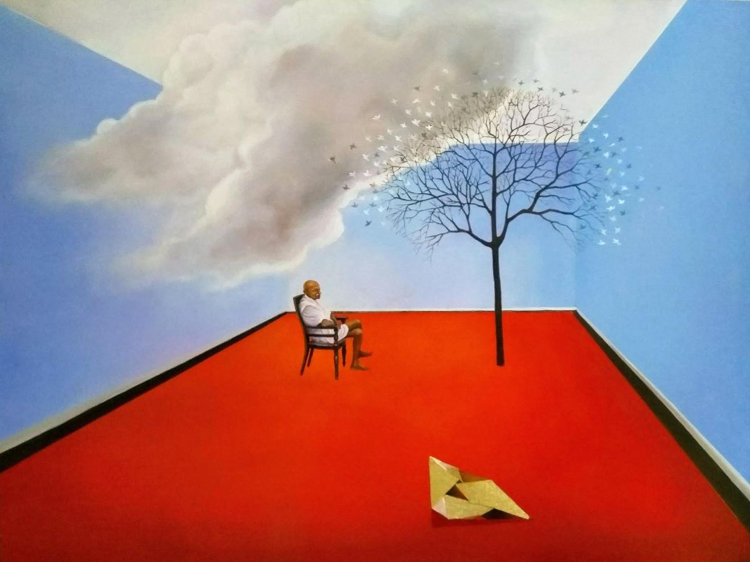 Sudhanshu Sutar Interior Painting - Man Seated, Acrylic on Canvas, Red, Blue by Indian Artist "In Stock"