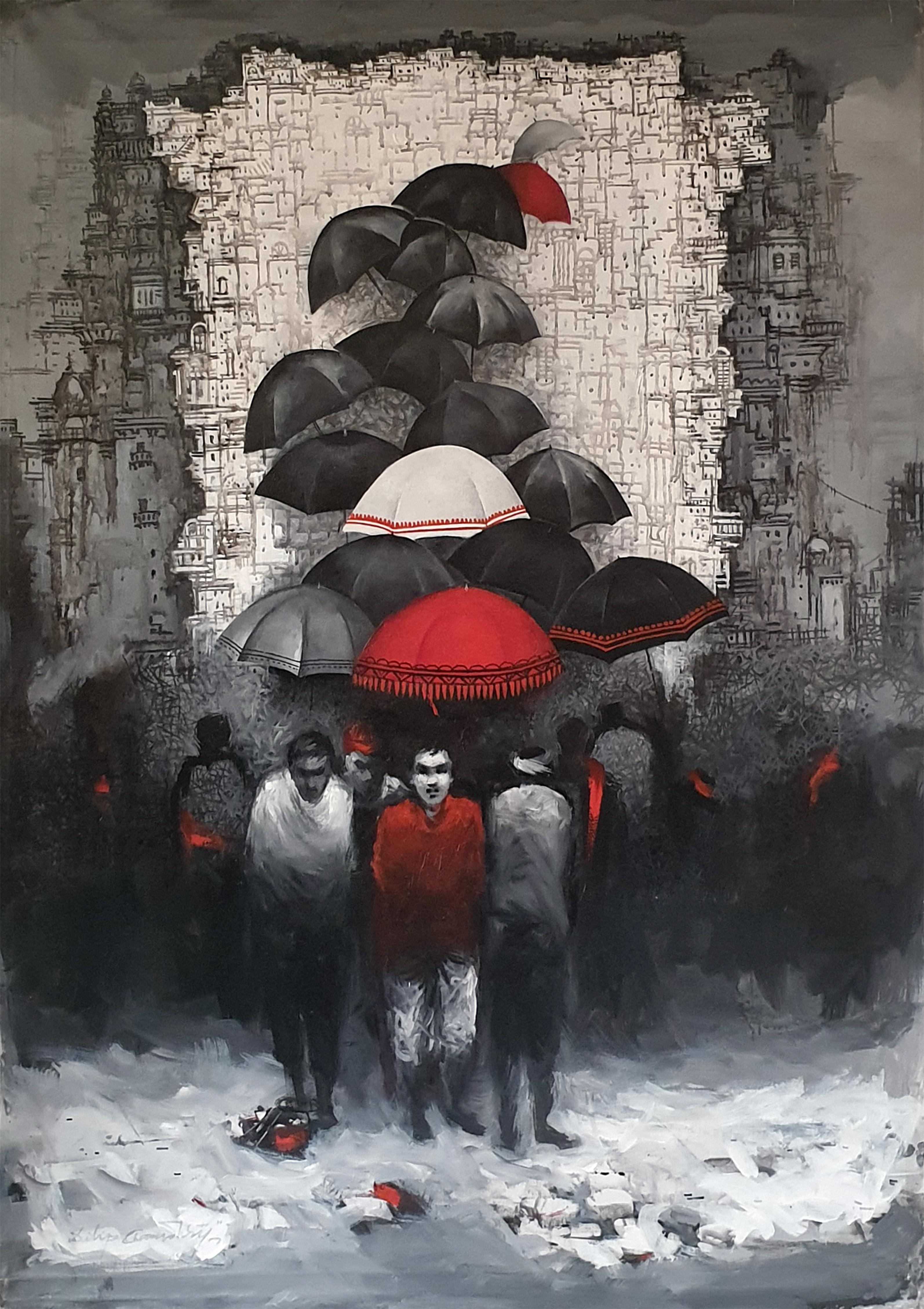 The Rains of Kolkata, Cityscape, Acrylic on Canvas by Indian Artist "In Stock"