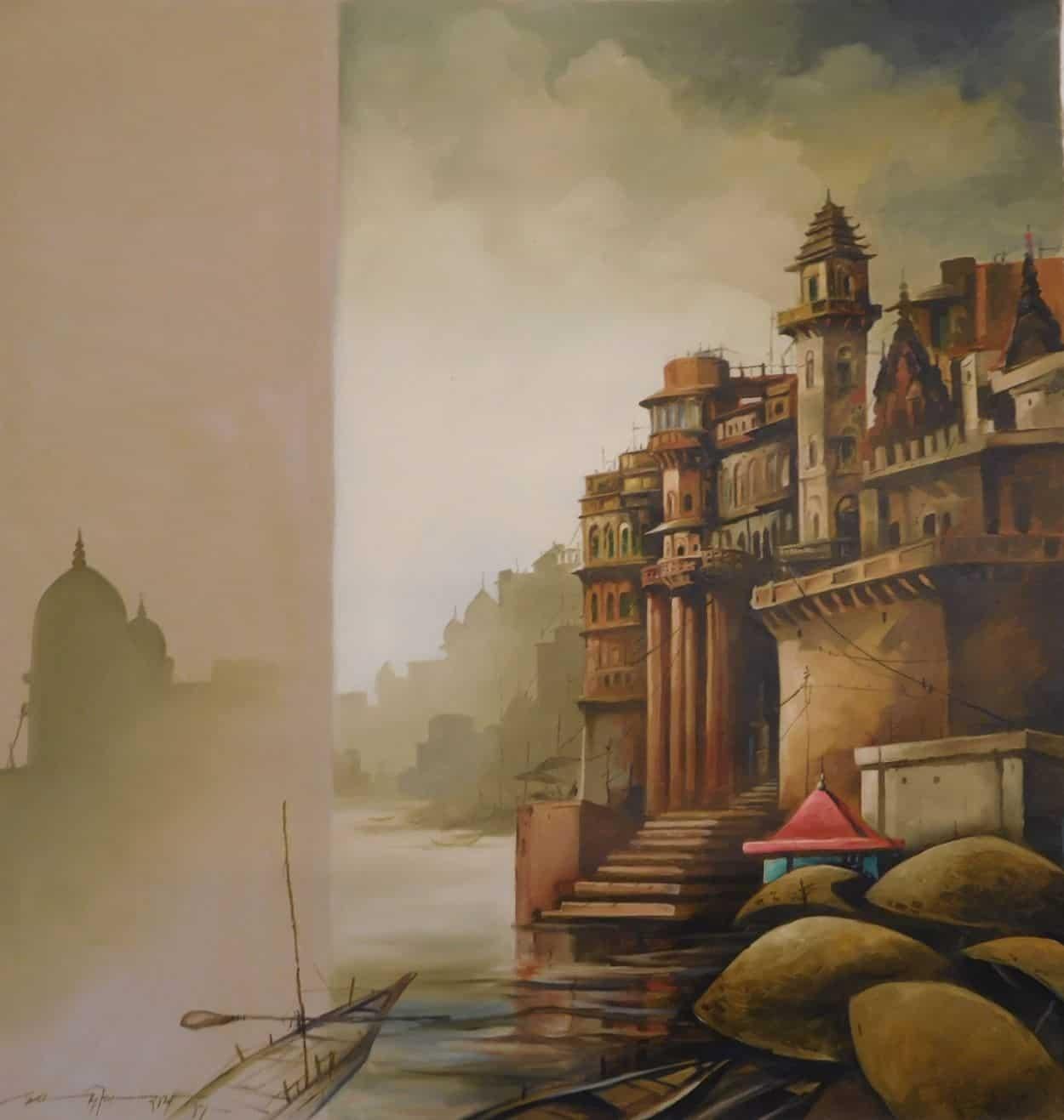Banaras, huile sur toile, jaune, rouge, couleurs par l'artiste Contemporary "En stock"