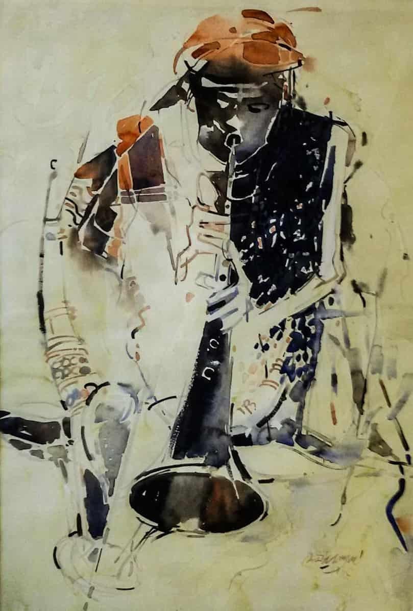 Samir Mondal Figurative Painting - Snake Charmer, Watercolor on paper, Brown, Black by Indian Artist "In Stock"