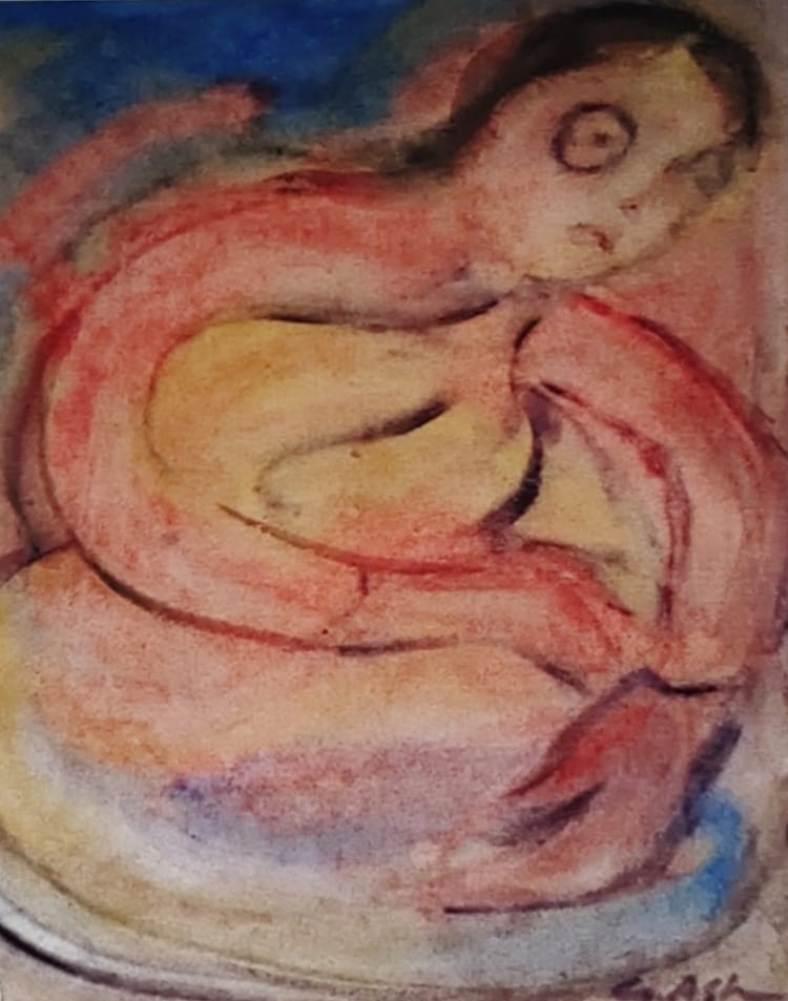 Gobardhan Ash Figurative Painting - Woman, Watercolor on paper, Red, Brown by Modern Indian Artist "In Stock"