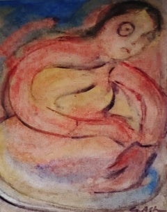 Woman, Watercolor on paper, Red, Brown by Modern Indian Artist "In Stock"