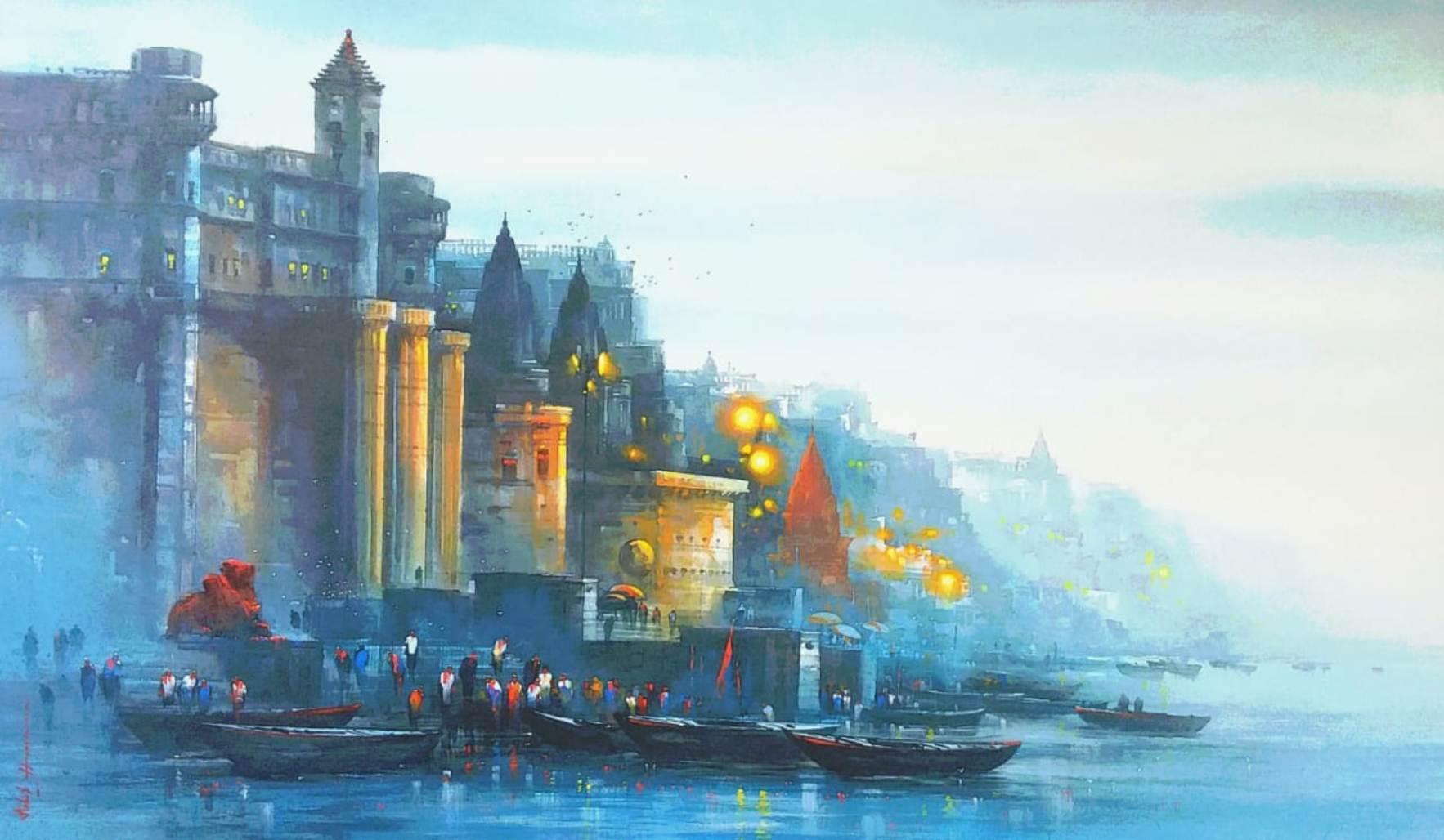 Banaras Ghat, Acrylic on Canvas, Blue, Red, Yellow, Contemporary Artist"In Stock"