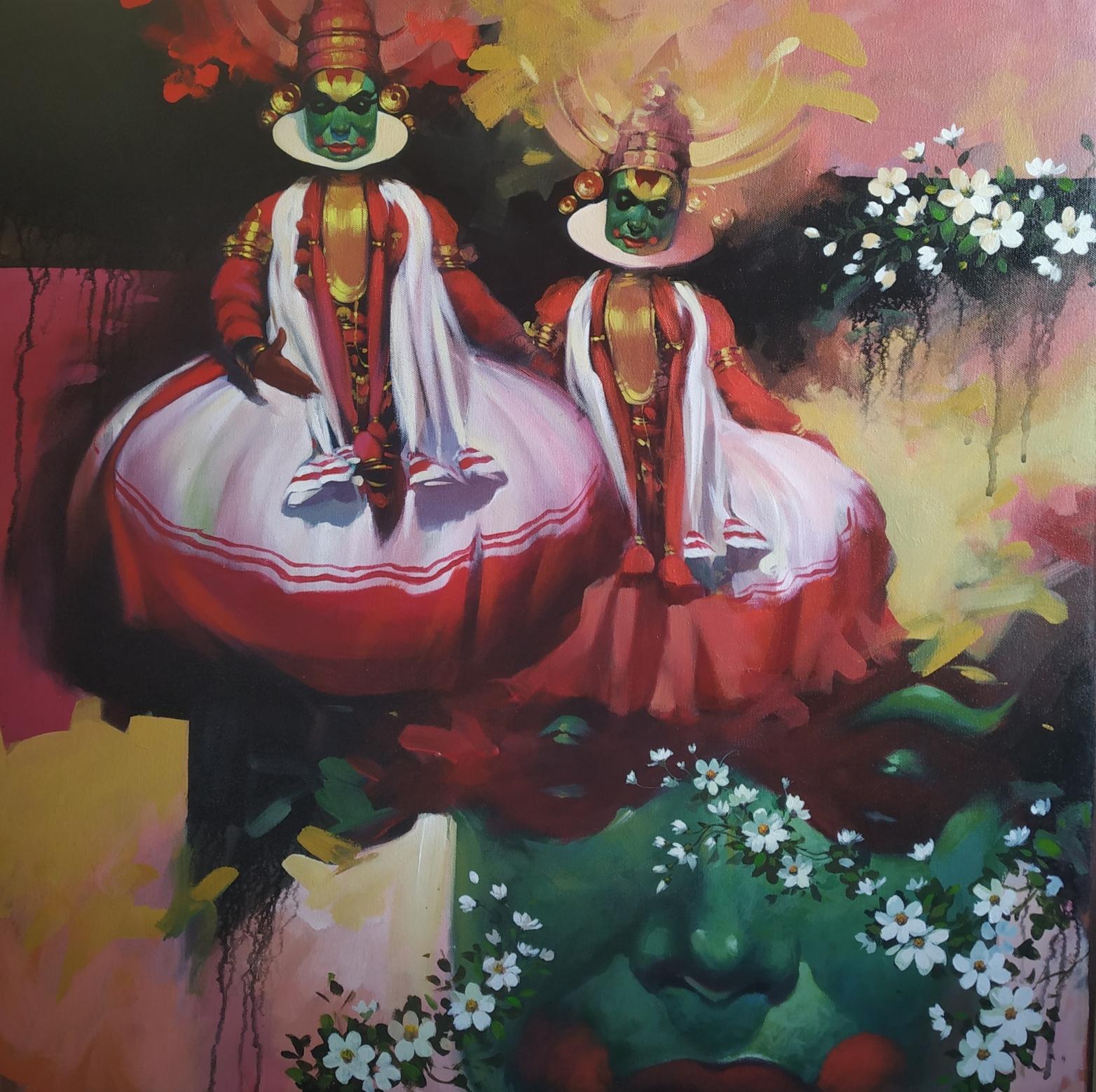 Bappa Halder  Figurative Painting - Rhythm-2, Dancers, Acrylic on Canvas, Green, Red, Contemporary Artist "In Stock"