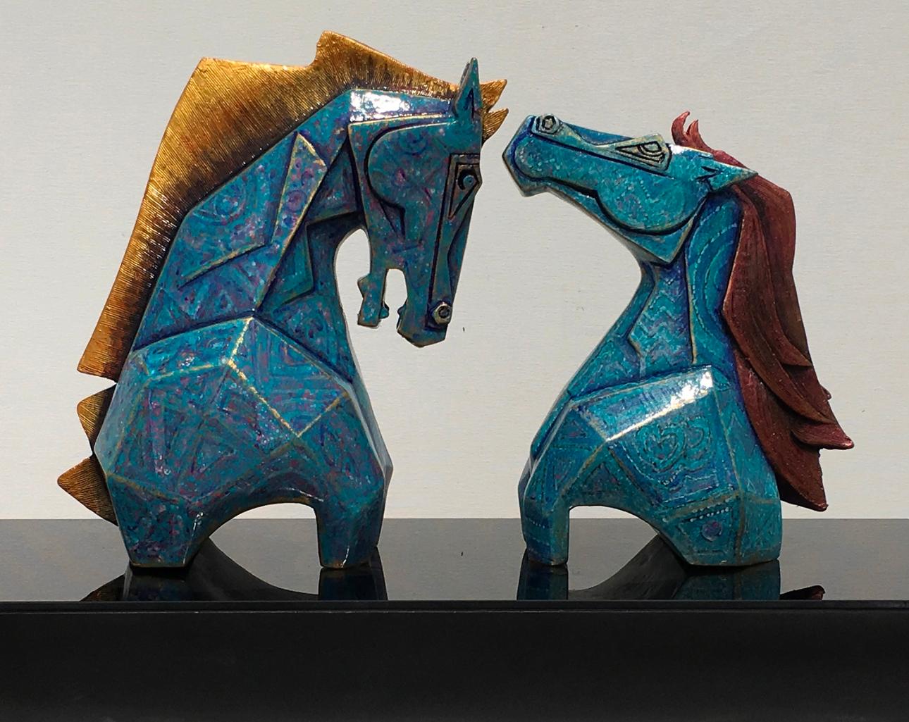 Dinkar Jadhav Figurative Sculpture - Caressing - 5, Horses, Fibre Glass, Blue, Gold, Contemporary Artist "In Stock"