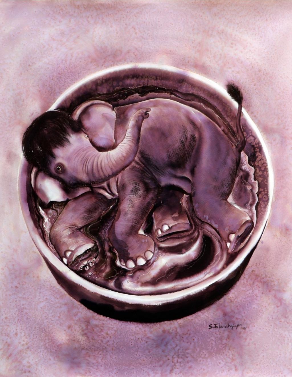 Animal Painting di Elan Cheziyan S - Habitat, Elefante bambino, Inchiostro su tavola, Marrone di Artista contemporaneo "In magazzino"