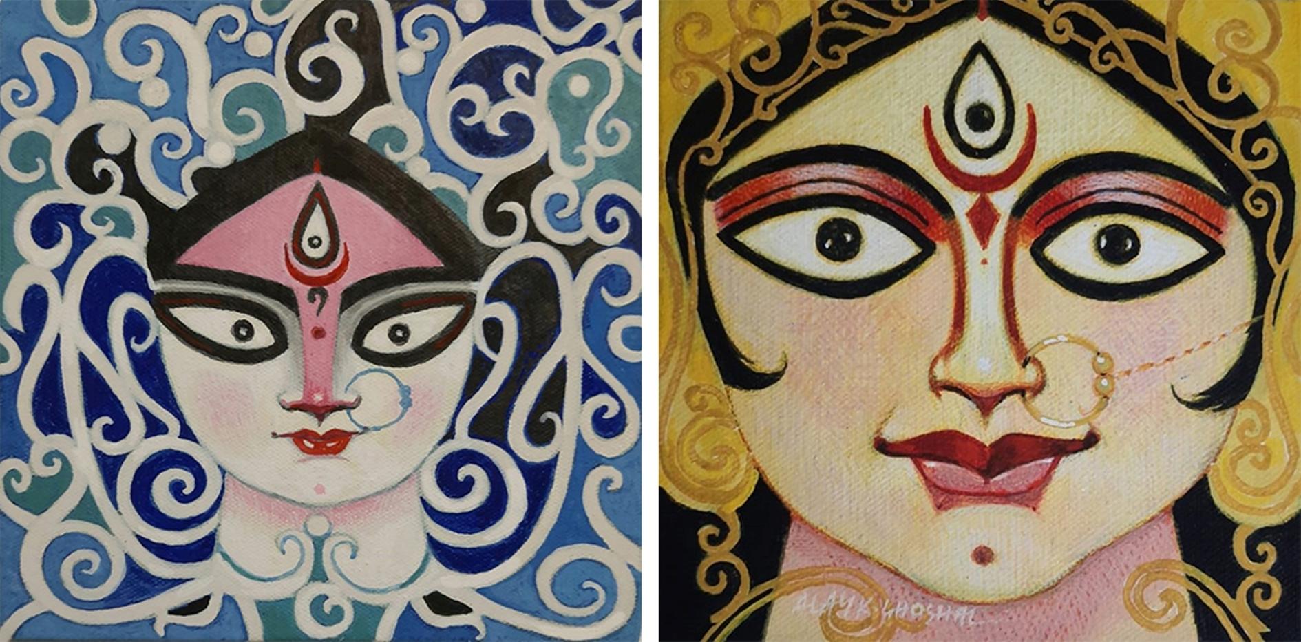 Alay Ghoshal Figurative Painting - Durga, Goddess, Face, Festival, Tempera on Board by Indian Artist "In Stock"