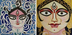 Durga, Goddess, Face, Festival, Tempera on Board by Indian Artist "In Stock"