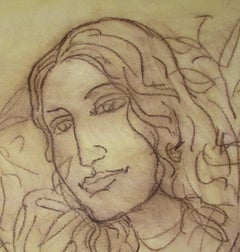 Muse, Conte & Tempera, Pale Yellow & Brown Color by Artist Suhas Roy "In Stock"