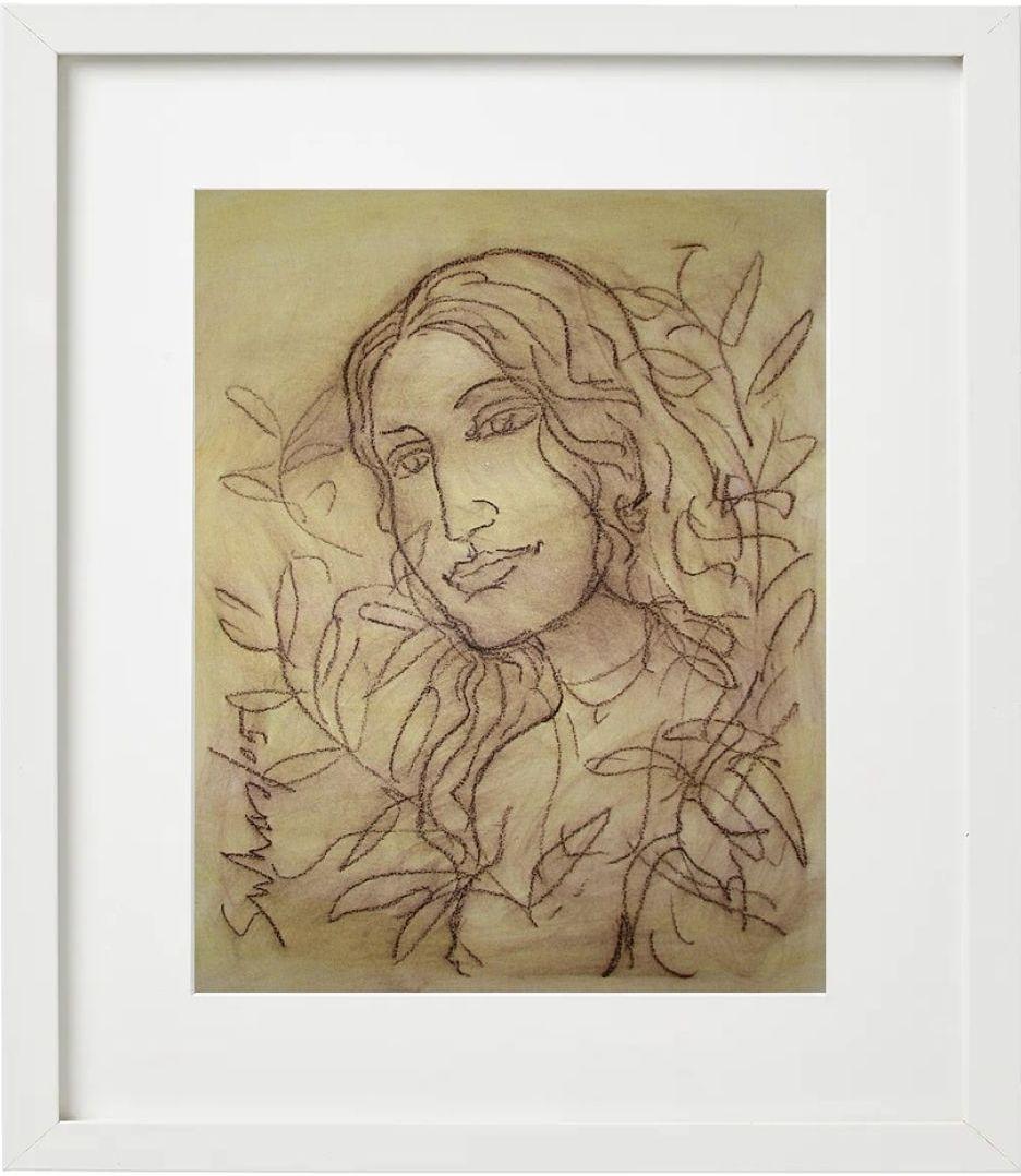 Muse, Conte & Tempera, jaune pâle et marron de l'artiste Suhas Roy « en stock » en vente 4