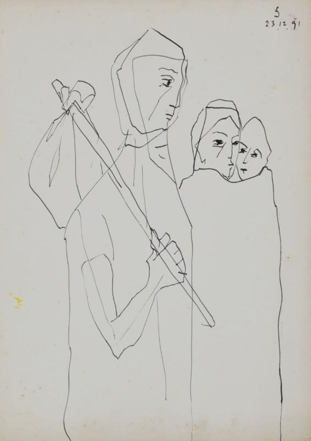 Family, Pen & Ink on Paper by Modern Indian Artist Somnath Hore "In Stock"