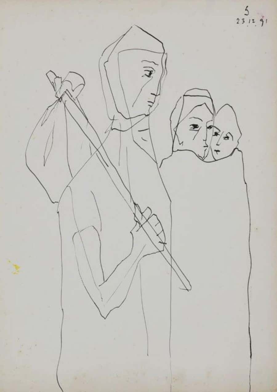 Family, Pen & Ink on Paper by Modern Indian Artist Somnath Hore "In Stock"