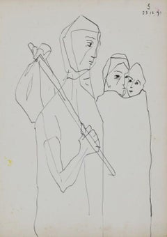 Family, Pen & Ink on Paper by Modern Indian Artist Somnath Hore "In Stock"