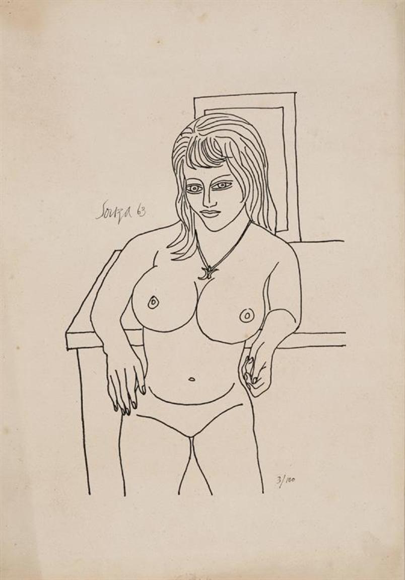 Nude, figürliche, Lithographie auf Papier des modernen Künstlers F. N Souza „“ auf Lager“ – Art von F.N. Souza