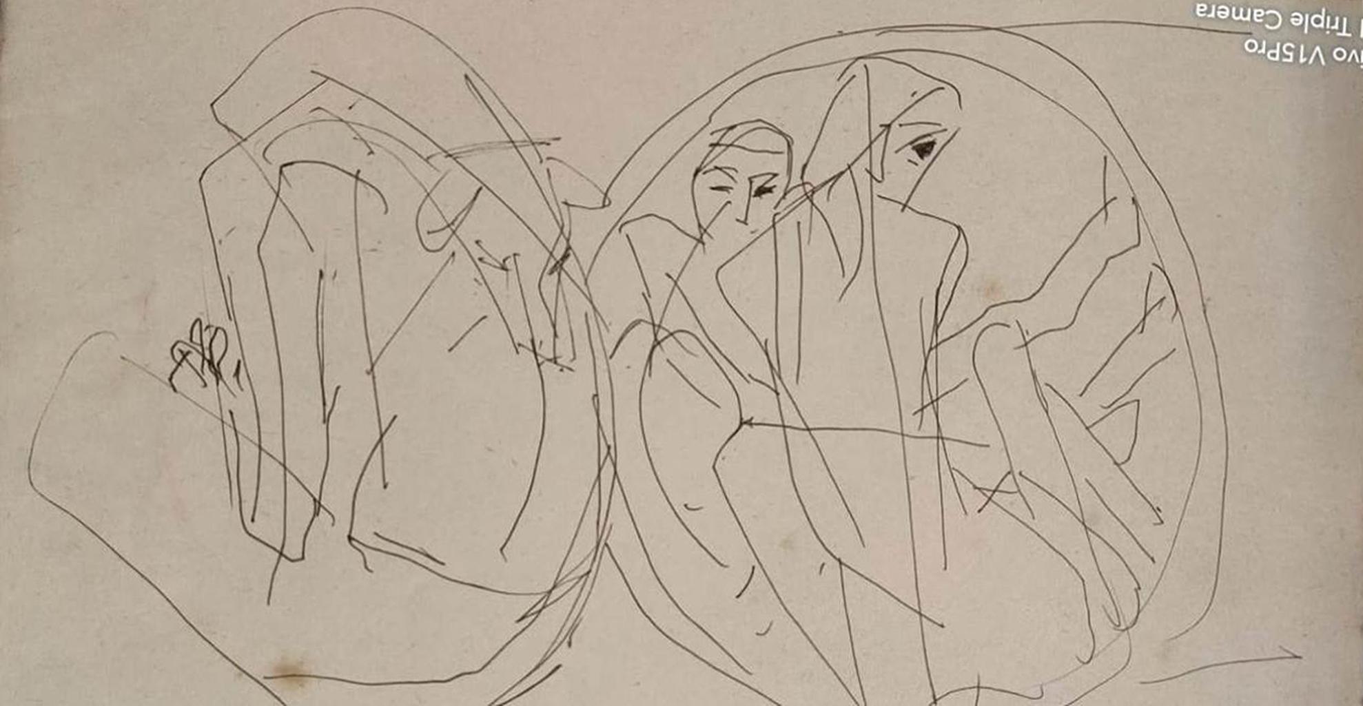 Ohne Titel, figurativ, Bleistift und Tinte auf Papier des Künstlers Somnath Hore „In Stock“