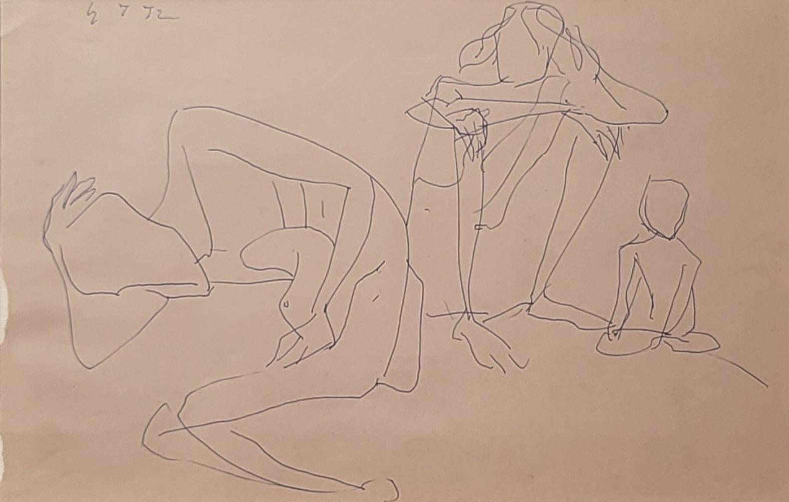 Sans titre, figuratif, stylo et encre sur papier de l'artiste Somnath Hore « en stock »