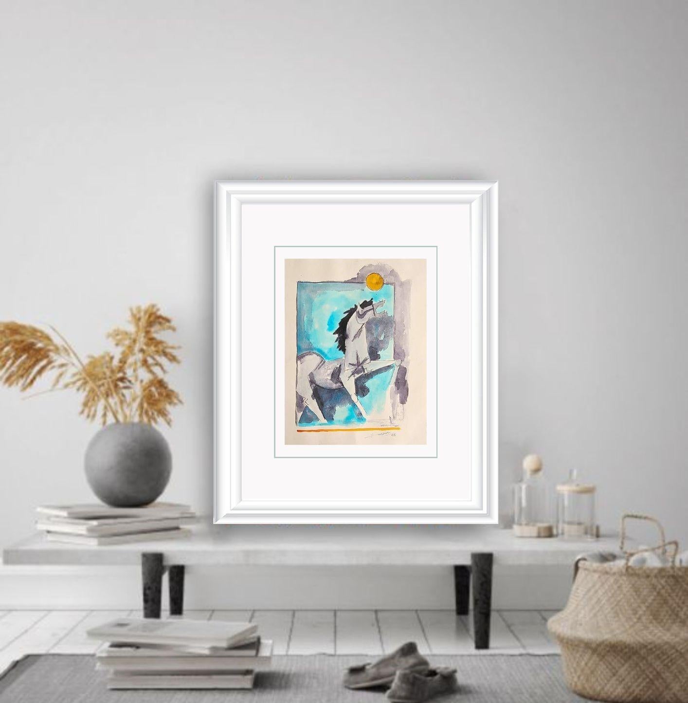 Horse, Watercolour on Paper, Blue, Black Modern Artist M.F Husain 