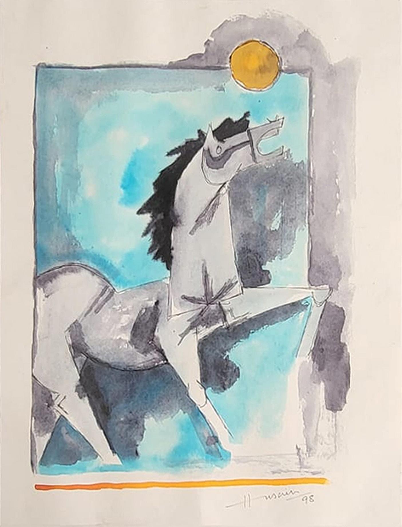 Horse, Aquarell auf Papier, Blau, Schwarz Moderner Künstler M.F Husain „In Stock“