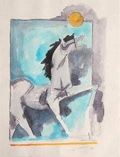 Horse, Watercolour on Paper, Blue, Black Modern Artist M.F Husain "In Stock"