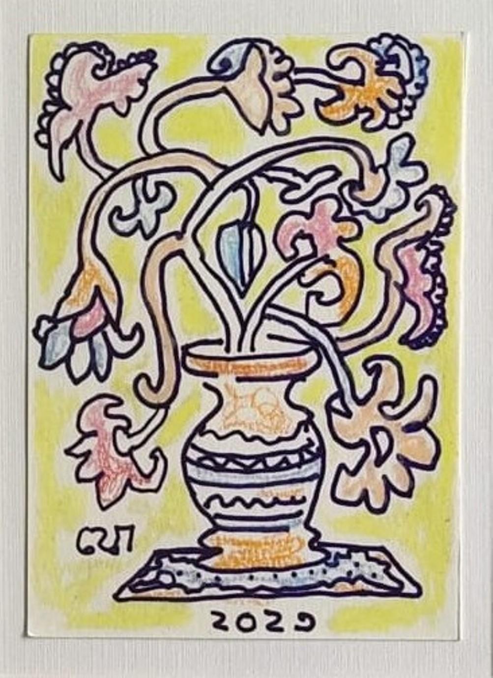 Jogen Chowdhury  Landscape Art - Flower Vase, Mixed media on paper by Drawings by Modern Indian Artist "In Stock"