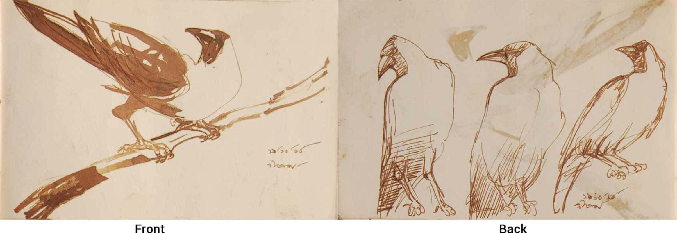 Dipen Bose 
Pinceau et aquarelle sur papier
7,5 x 5 pouces, 1961-64 (chaque)
Peintures sur les deux faces du papier.
Extraordinaire et unique.
(Ensemble de 7 œuvres réversibles) - Recto - Verso
(encadré et livré)

La série Crow de Dipen capture