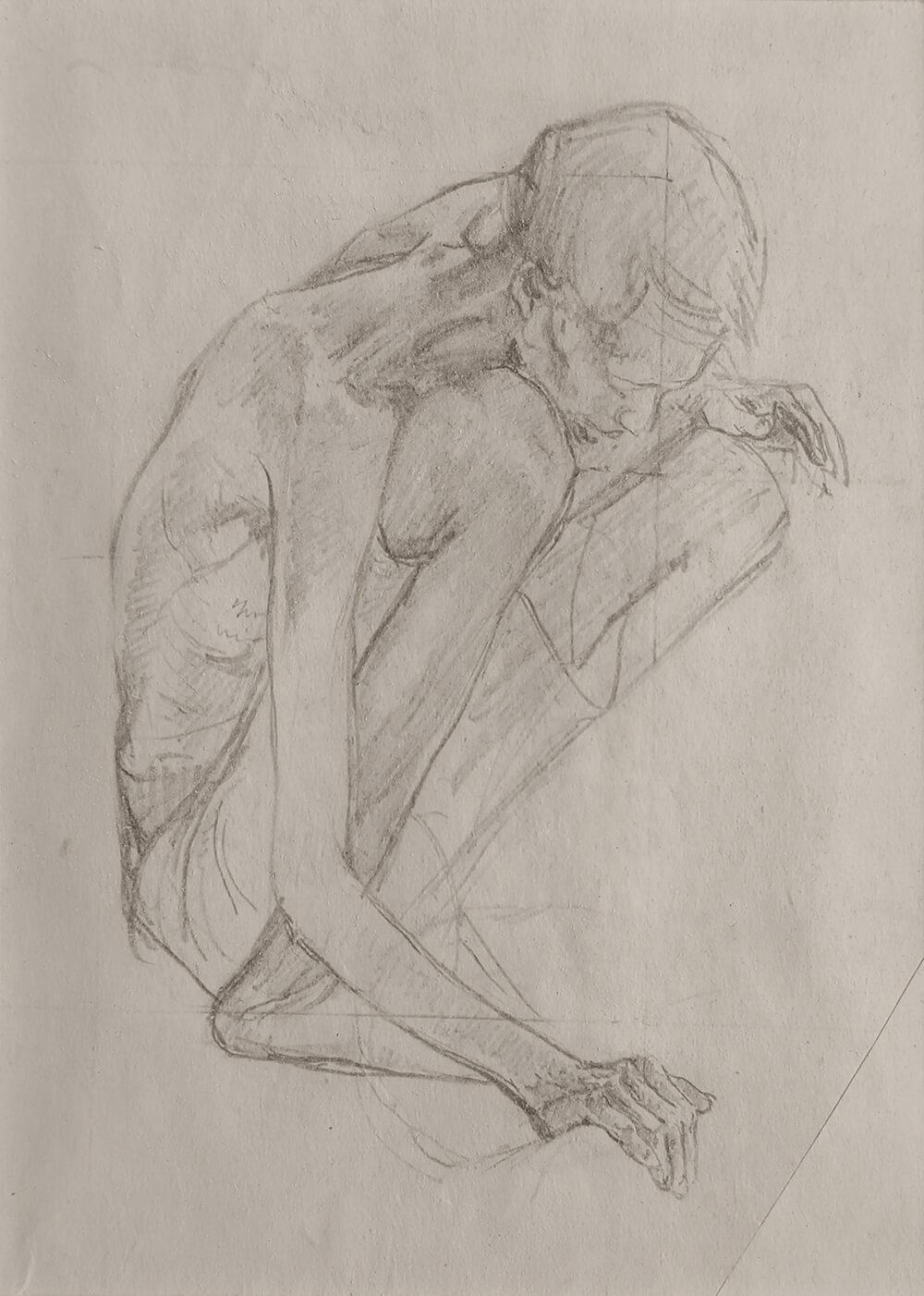Squatting Man-2 & 4, figuratif, crayon sur papier, ensemble de 2 œuvres en stock - Art de Atul Bose