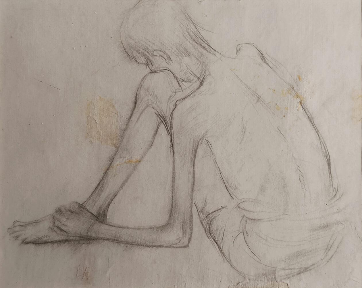 Squatting Man-2 & 4, figuratif, crayon sur papier, ensemble de 2 œuvres en stock - Moderne Art par Atul Bose