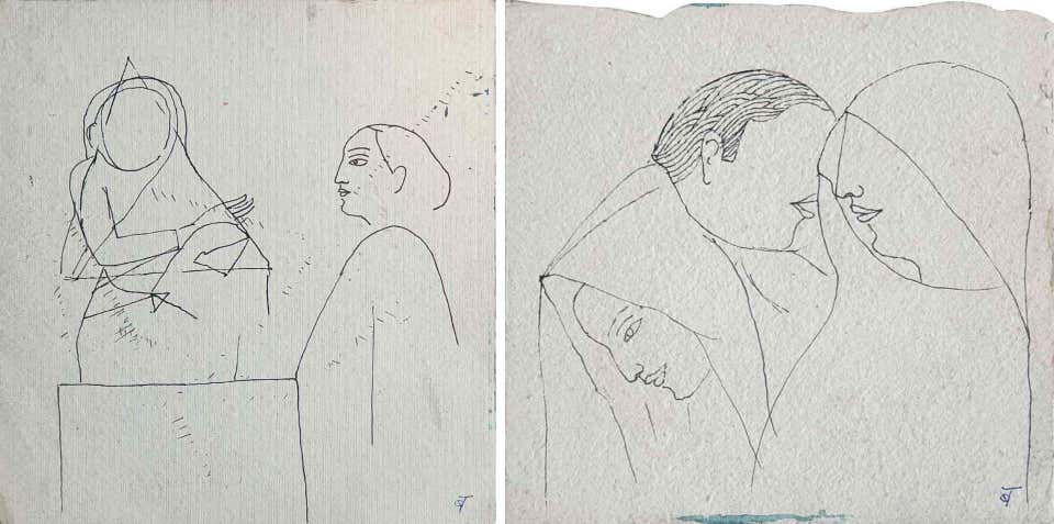 Sketch of Two Woman & Three Persons Sketch, Figurative, Drawing on Paper